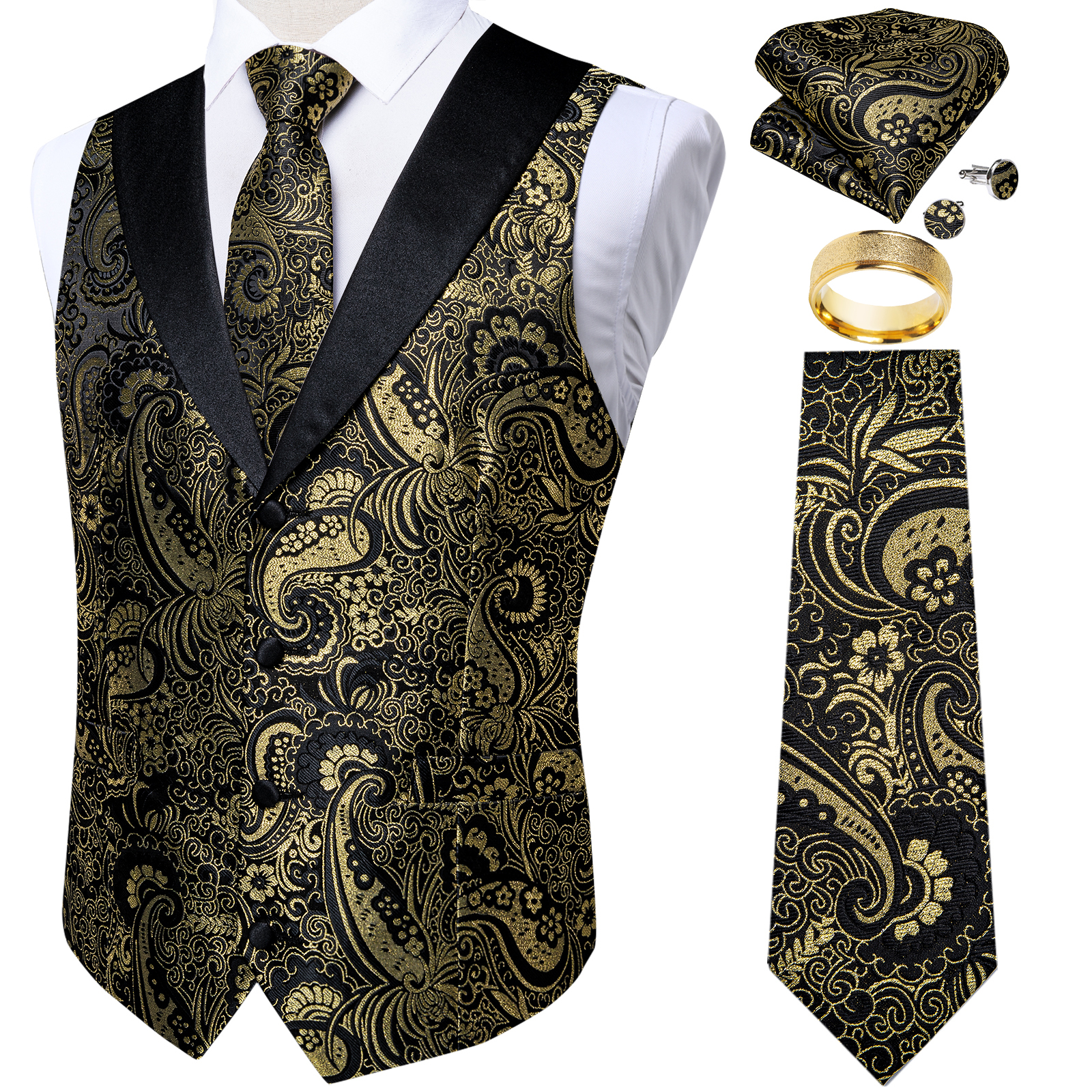 Black Gold Paisly Vest Suit Se - Pocket Square Set reseña y precio