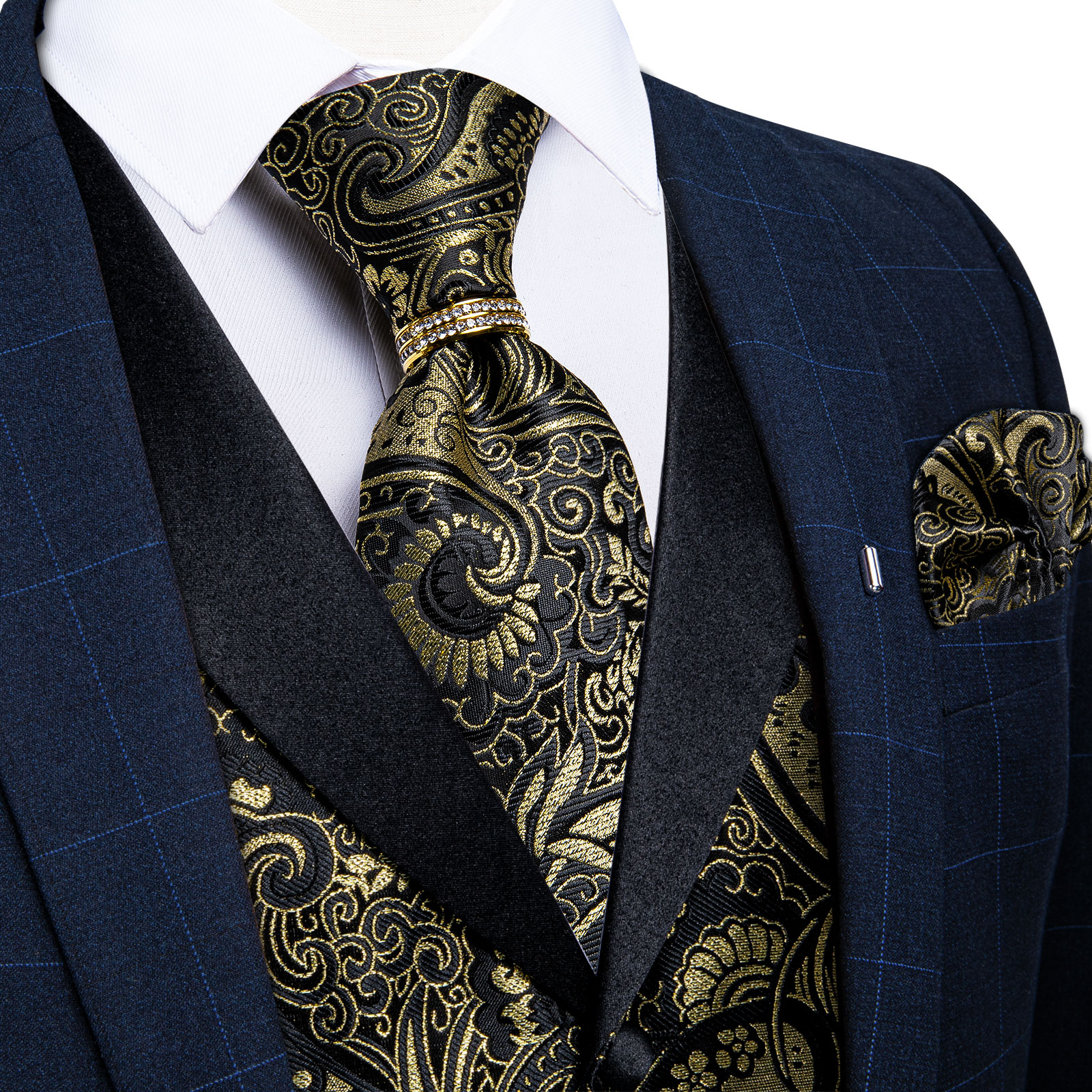 Black Gold Paisly Vest Suit Se - Pocket Square Set reseña y precio